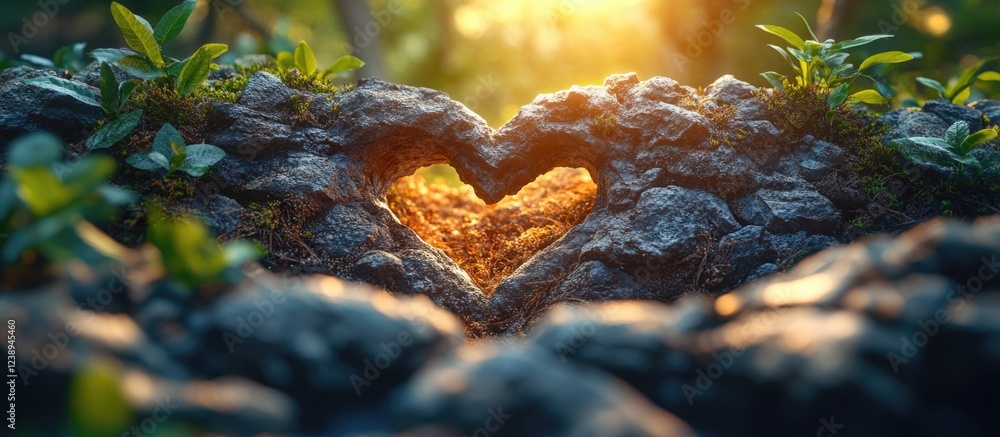 Poster heart-shaped rock formation surrounded by greenery with sunlight filtering through trees in the back