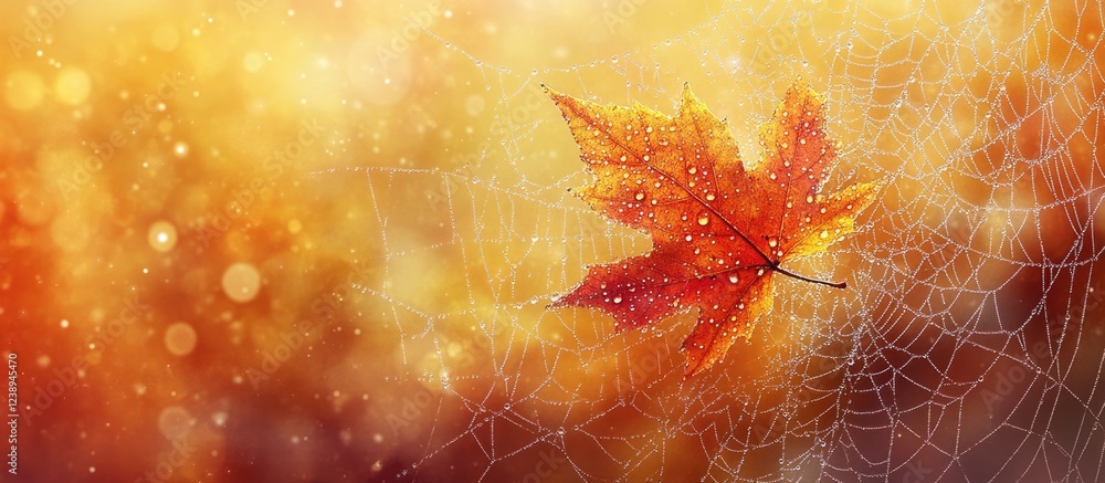Poster autumn leaf stuck in a spider web with dew drops and warm bokeh background copy space