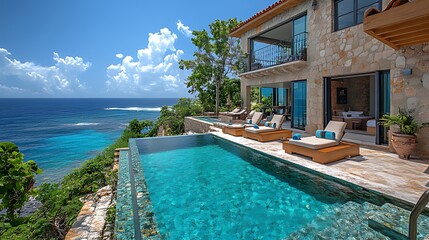Fototapeta premium Oceanfront villa infinity pool, cliffside luxury, Caribbean view