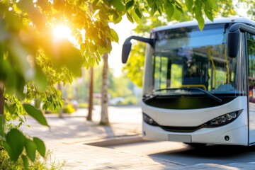 White bus on street, sunny morning, green leaves framing, public transportation, waiting passengers.