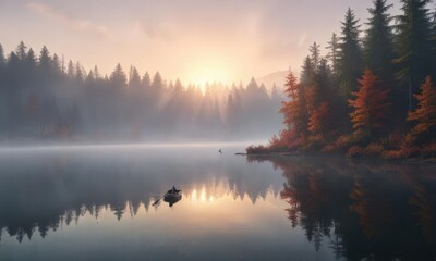 Fototapeta premium misty forest landscape with a small boat on the foggy lake in the distance, natural beauty, woodland scenery