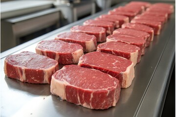 Fototapeta premium Raw beef steaks arranged on metal table, ready for processing and packaging.