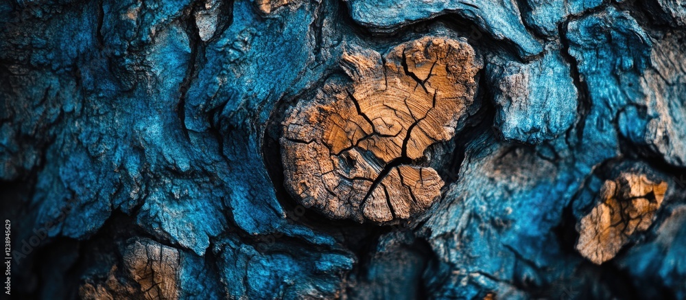 Aufkleber textured blue and brown bark close-up with natural patterns and cracks, showing details of tree surf