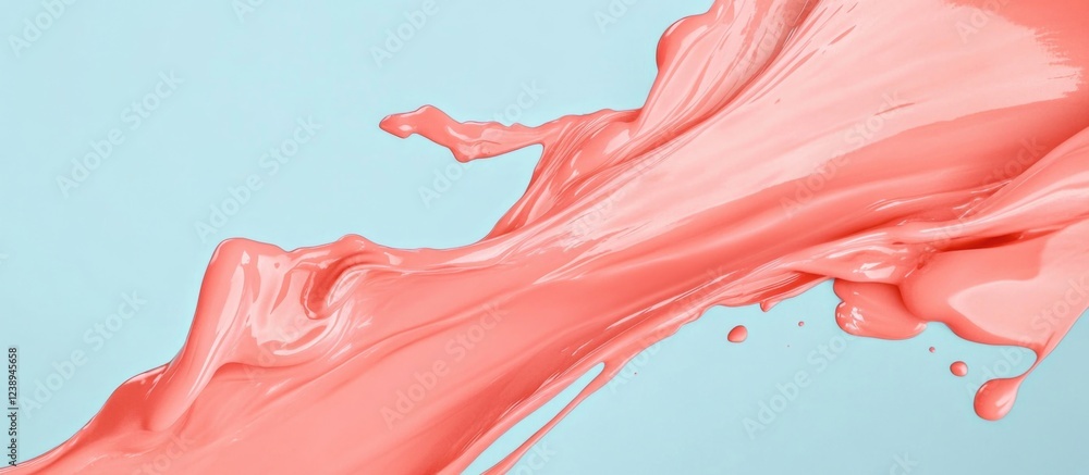 Fototapete Coral paint splash on light blue background creating dynamic motion effect with droplets and ample copy space