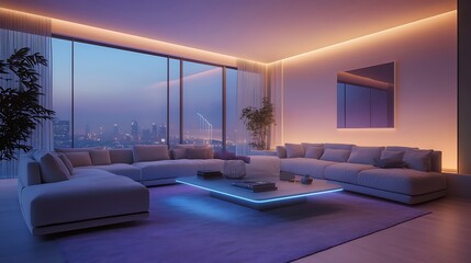 A vibrant futuristic living room featuring glow-in-the-dark elements and modern design.