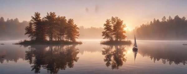 Misty morning on a still lake with a single sailboat, lake, sail