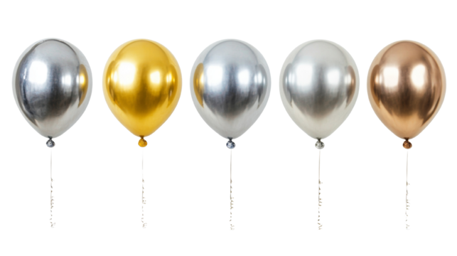 A row of four metallic balloons in silver, gold, and copper hues, each with a decorative string.