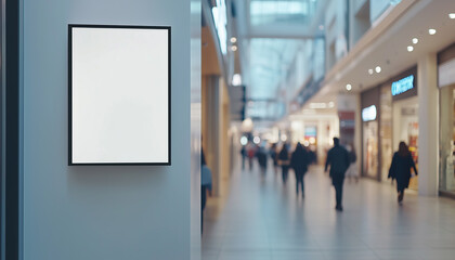 Blank poster mockup on wall in shopping centre. Blank poster frame in mall in evening light.