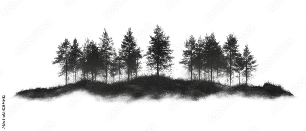 Aufkleber A grayscale image depicts a cluster of tall pine trees on a hill shrouded in mist creating an ethereal atmosphere.