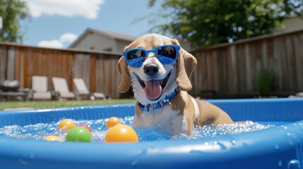 A dog wearing sunglasses enjoys a kiddie pool, backyard fun on a summer day, the dog cools off in water with colorful balls