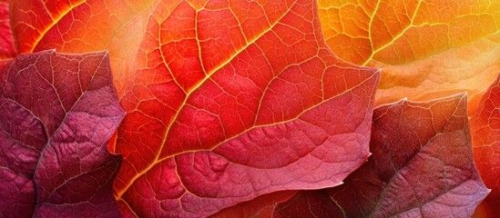 Colorful autumn leaves in shades of red and orange displaying intricate veins and textures with Copy Space.