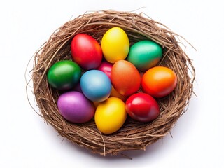 Obraz premium Happy Easter: Colorful Easter Eggs in Bird Nest, Minimal White Background