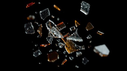 shattered glass fragments frozen in mid-air on a black background