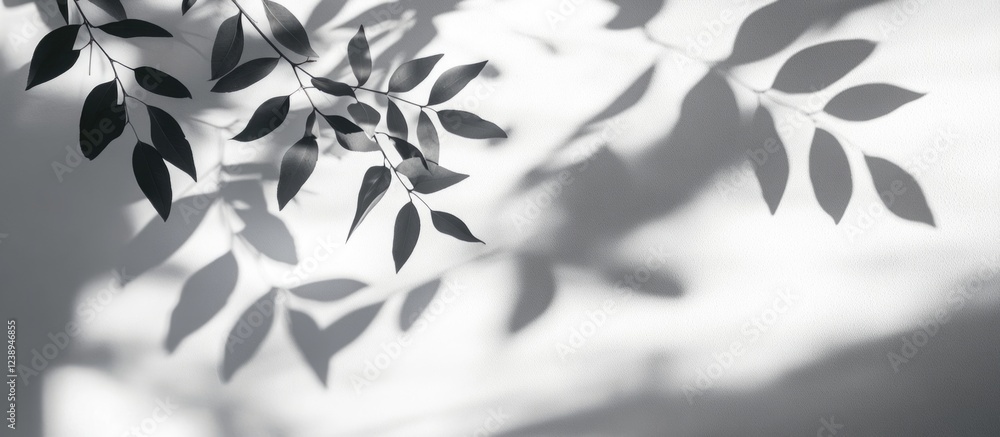 Poster shadow of leaves on a white background with light filtering creating a textured and organic pattern 