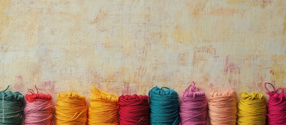 Poster colorful spools of thread in a row against a textured background with ample copy space for text plac
