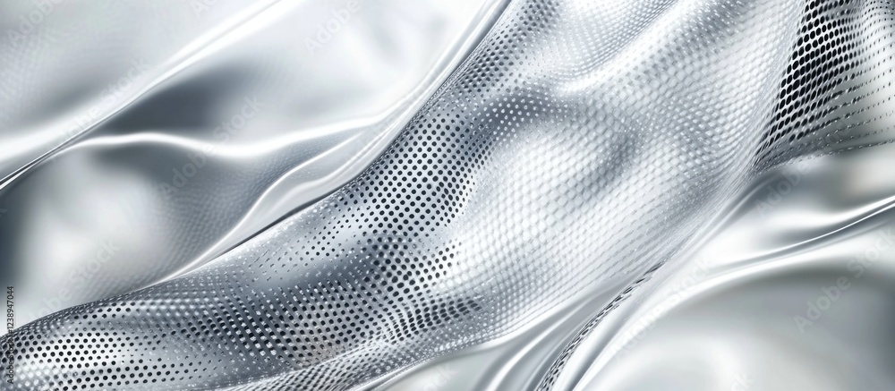 Poster silver metallic fabric texture with flowing ripples and perforated pattern suitable for backgrounds 