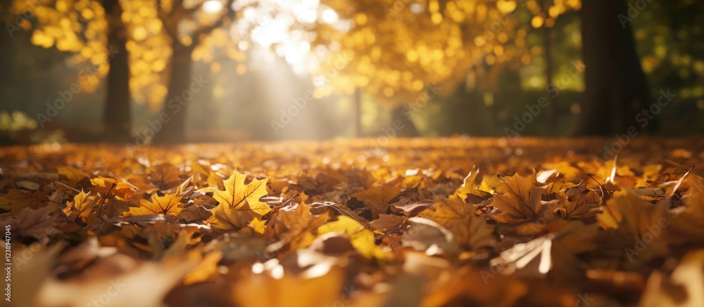 Poster autumn landscape with golden leaves on the ground illuminated by sunlight in a forest setting with t