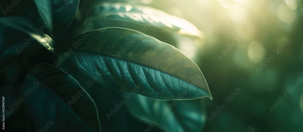 Aufkleber close-up of green leaves with morning light in a blurred background with natural bokeh effect and am
