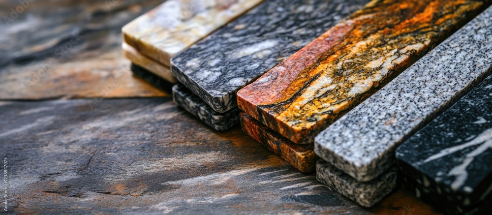 Poster assorted polished stone slabs with different textures and colors arranged on a natural stone surface
