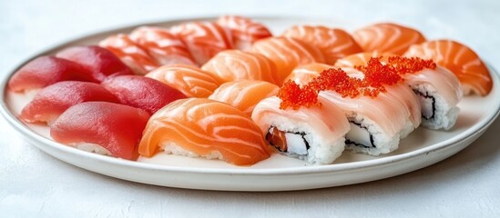 Colorful sushi platter featuring assorted slices of salmon and tuna with nigiri and sushi rolls on a white plate. Copy Space.