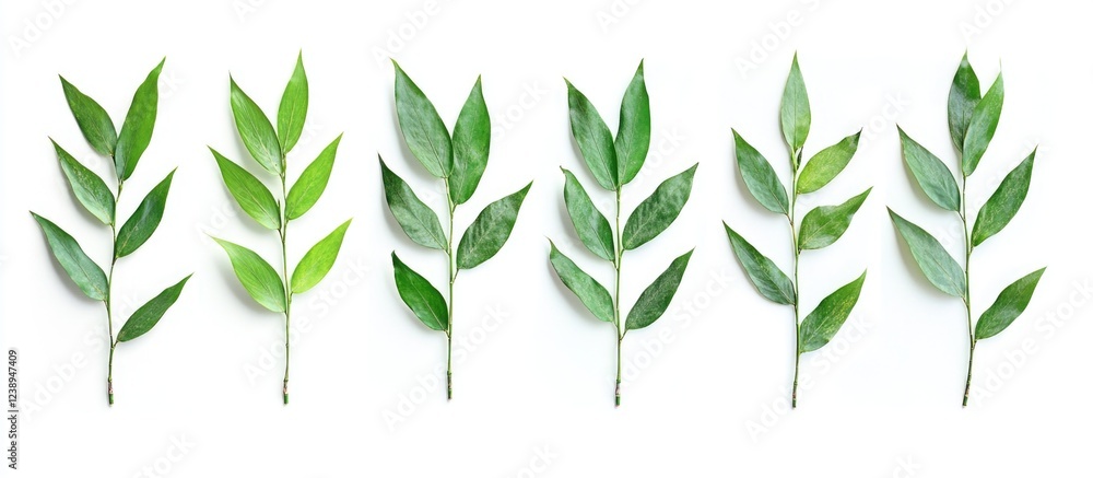 Poster various types of green leaves isolated on white background with copy space for text
