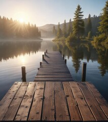 Fototapeta premium Morning light reflecting off wooden pier in calm lake, serene landscape, calm lake