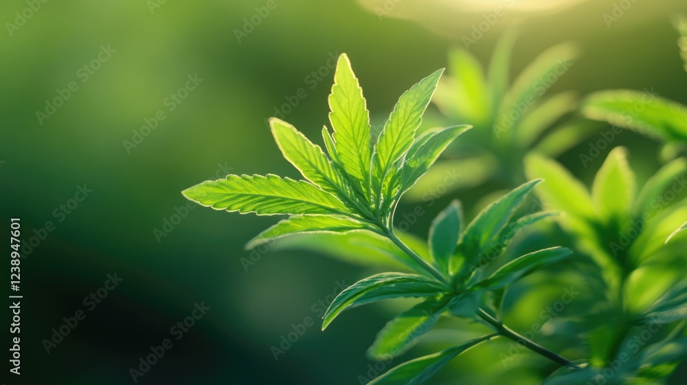 Poster close-up of vibrant green leaves with sunlight filtering through, showcasing intricate leaf details 