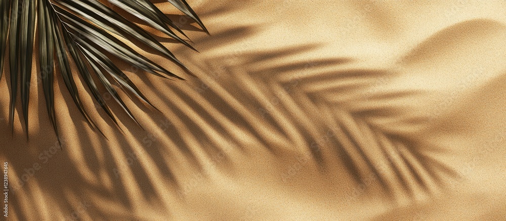 Poster palm leaf shadow on sandy surface background with smooth texture and warm tones copy space