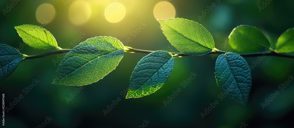 Poster close-up of green leaves on a branch with soft sunlight background and blurred bokeh effect copy spa
