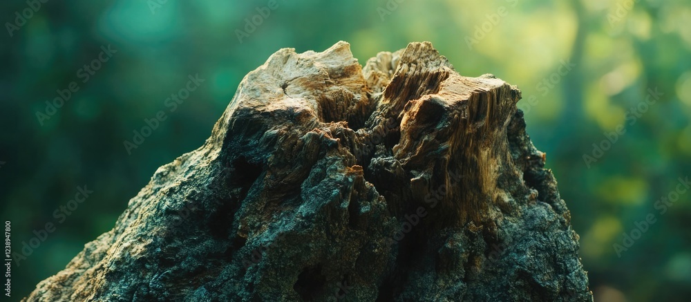 Poster close-up view of a weathered tree stump with detailed texture and natural lighting in a forest setti