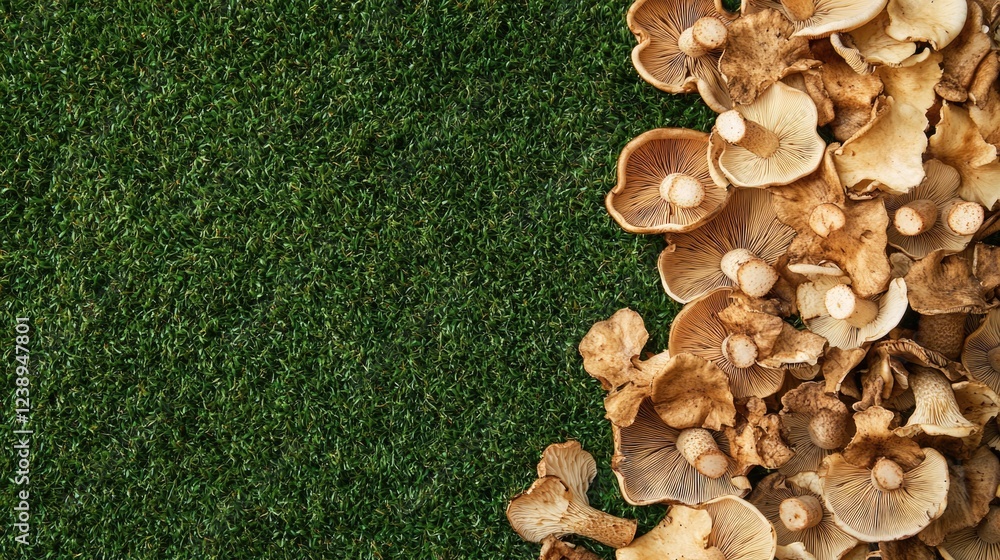 Poster dried assorted mushrooms on artificial grass background with copy space for text placement