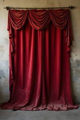 An old, worn red theater curtain hangs against a cracked wall.