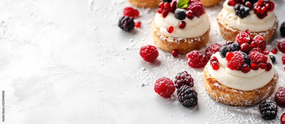 Poster delicious mini tarts with whipped cream and assorted fresh berries on a textured surface with powder