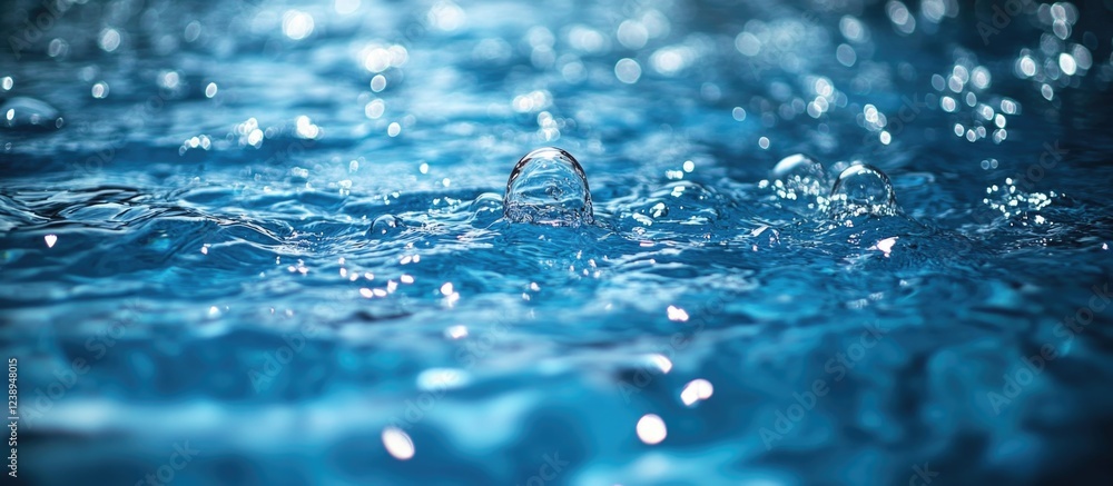 Poster water surface with bubbles and sunlight reflections creating a sparkling effect in a pool or lake co