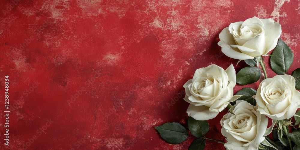 Poster white roses on a textured red background with green leaves and ample copy space for text placement