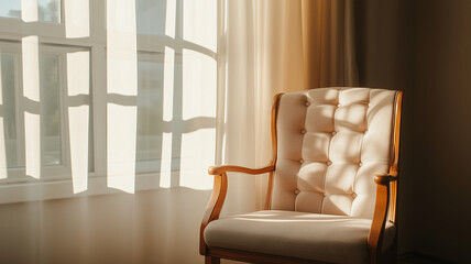 cozy armchair bathed in warm sunlight, casting soft shadows on wall. light filters through sheer curtains, creating serene atmosphere