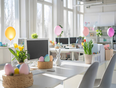 Modern office workspace decorated for Easter with pastel-colored egg-shaped balloons near each table.Easter wreaths on the walls, small baskets with colorful eggs on desks, bunny figurines, sun light