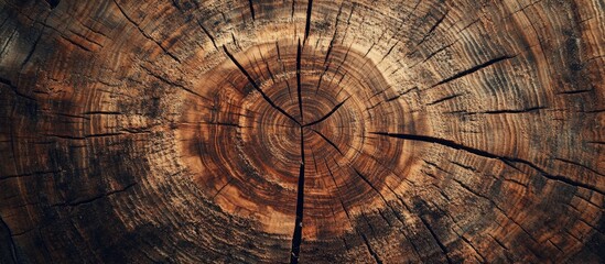 Fototapeta premium Tree stump cross-section with detailed growth rings and texture visible on wood surface. Copy Space for text placement.