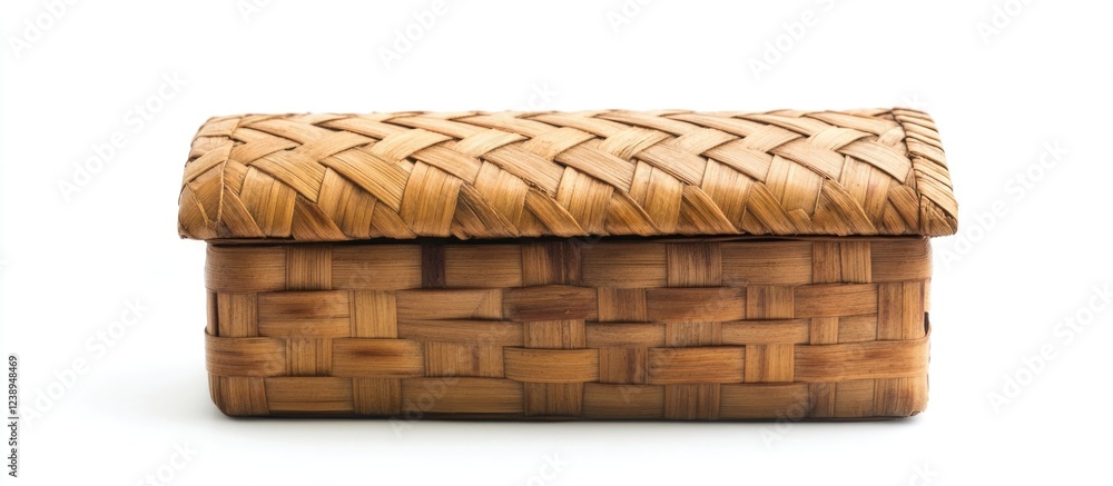 Poster woven bamboo storage box with lid on a white background featuring copy space for text insertion