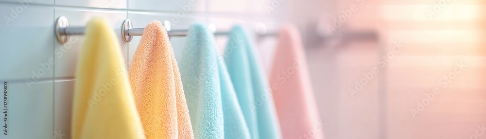 Poster brightly lit shared bathroom features colorful towels on hooks, creating a clean and inviting space 