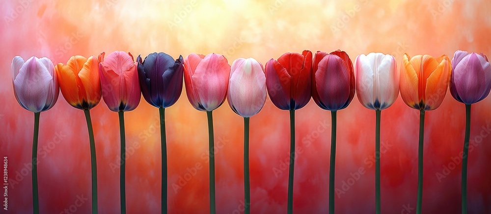 Poster colorful tulips in a row with vibrant background and soft focus flower details providing ample copy 