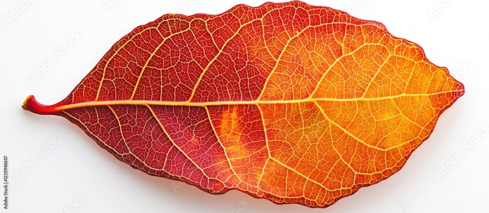 Poster vibrant autumn leaf displaying gradient colors of red and orange with intricate vein patterns on a w
