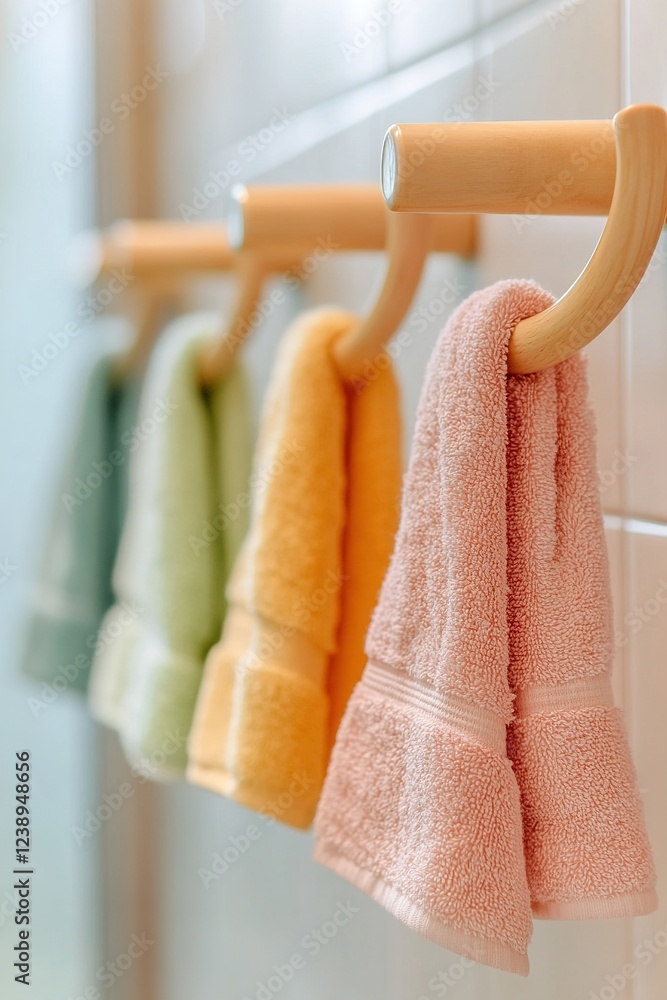 Poster Brightly lit shared bathroom features soft light and colorful towels hanging on hooks, creating a welcoming and child-friendly space perfect for family use