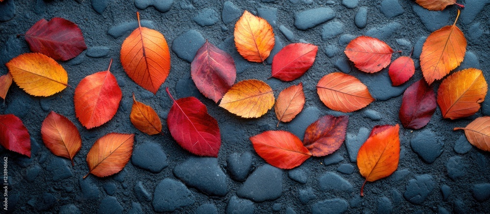 Poster autumn leaves in various shades of red and orange scattered on a textured stone surface with copy sp