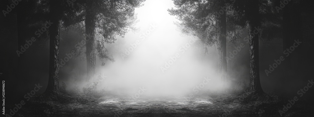 Poster misty forest scene with tall trees shrouded in fog creating a mysterious atmosphere and ample foregr