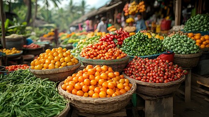 Vibrant tropical market, colorful produce, bustling shoppers, exotic fruits and vegetables