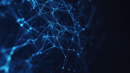 Blue glowing network of interconnected nodes and lines on a dark background with copy space for text.