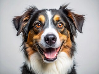Fototapeta premium Happy Tri-Color Mongrel Dog Headshot - Isolated White Background Stock Photo