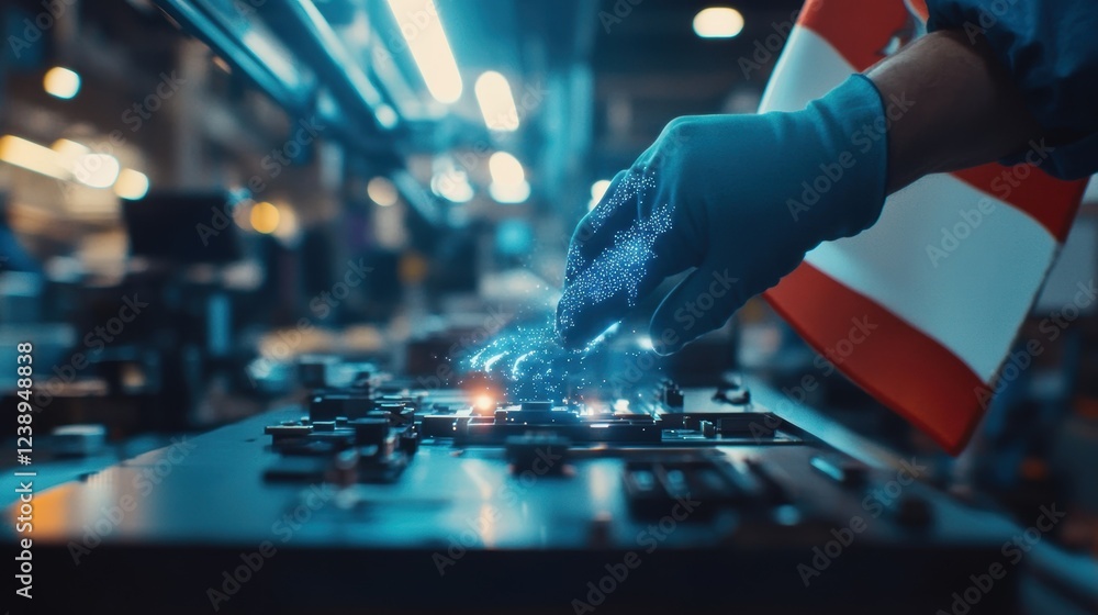 Poster engineer wearing gloves installing a microchip on a motherboard with the austrian flag in the backgr