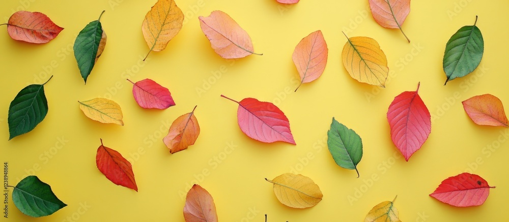 Poster colorful autumn leaves on a bright yellow background arranged in a random pattern with ample copy sp